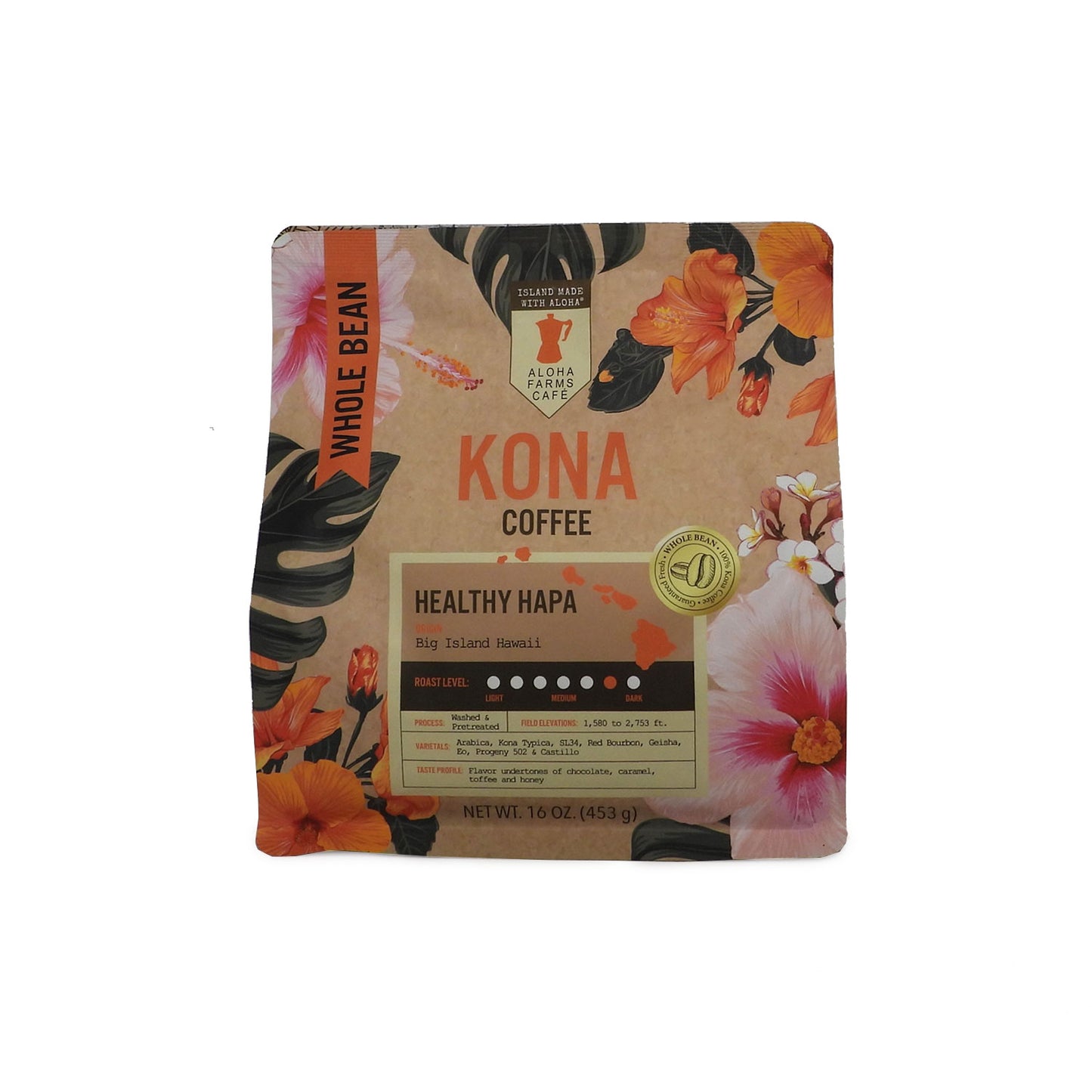 100% Kona Healthy Hapa - Medium dark roast - Whole bean coffee 16 oz.
