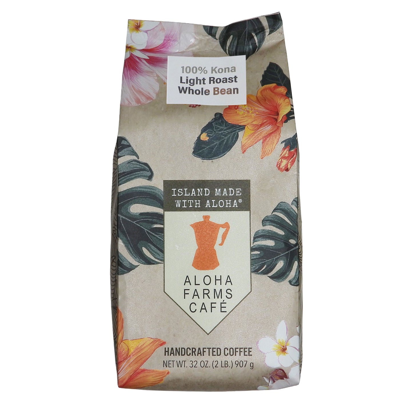 A 32 oz bag of Aloha Farms Cafe handcrafted coffee, 100% Kona Light Roast Ground, featuring a tropical floral and leaf pattern on a beige background.