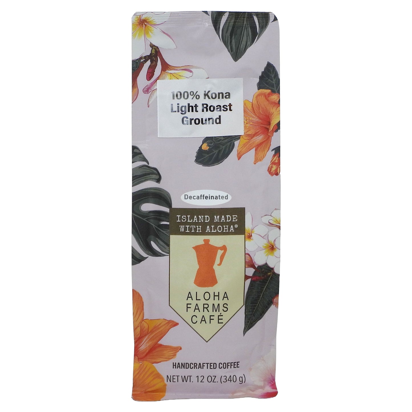 A package of Aloha Farms Cafe 100% Kona Light Roast Ground coffee, featuring a tropical floral and leaf pattern on a light lavender background with a central gold and brown label.