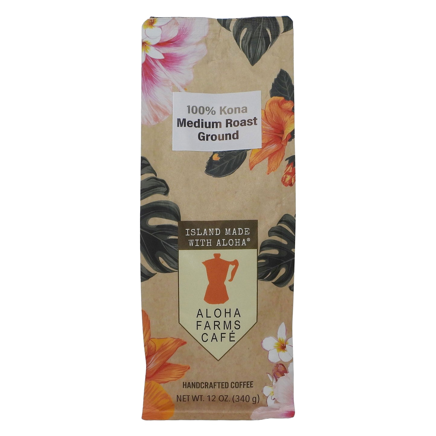 A 12 oz bag of Aloha Farms Cafe 100% Kona Medium Roast Ground coffee, featuring a tropical floral and leaf pattern on a kraft paper background.