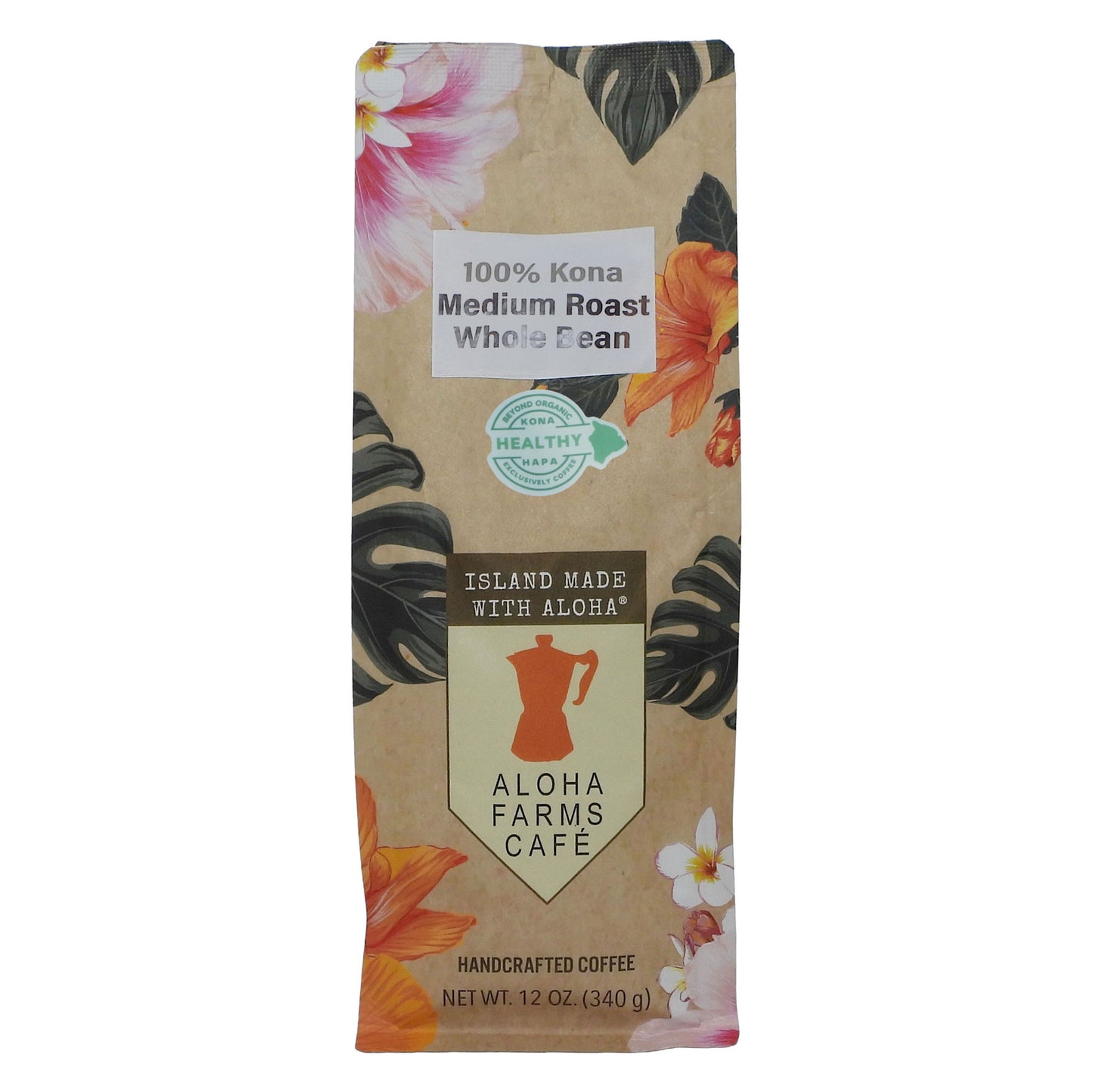 A 12 oz bag of Aloha Farms Cafe Medium Roast Whole Bean coffee, featuring a tropical floral and leaf pattern on a kraft paper background.