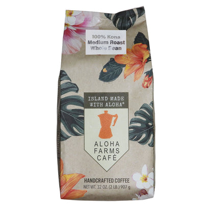 A 32 oz bag of Aloha Farms Cafe handcrafted coffee, 100% Kona Light Roast Ground, featuring a tropical floral and leaf pattern on a beige background.
