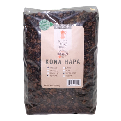A 5 lb bag of Aloha Farms Cafe Kona Healthy Hapa coffee beans in a clear plastic bag with a beige label, shown against a white background.