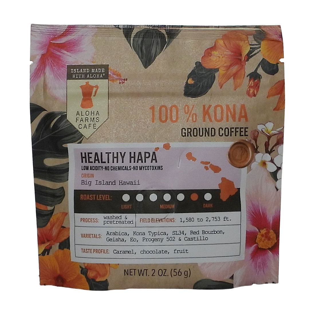 A 2 oz pouch of Aloha Farms Cafe Healthy Hapa Ground Coffee, featuring a tropical floral design on a kraft paper background with orange, pink, and black flowers.