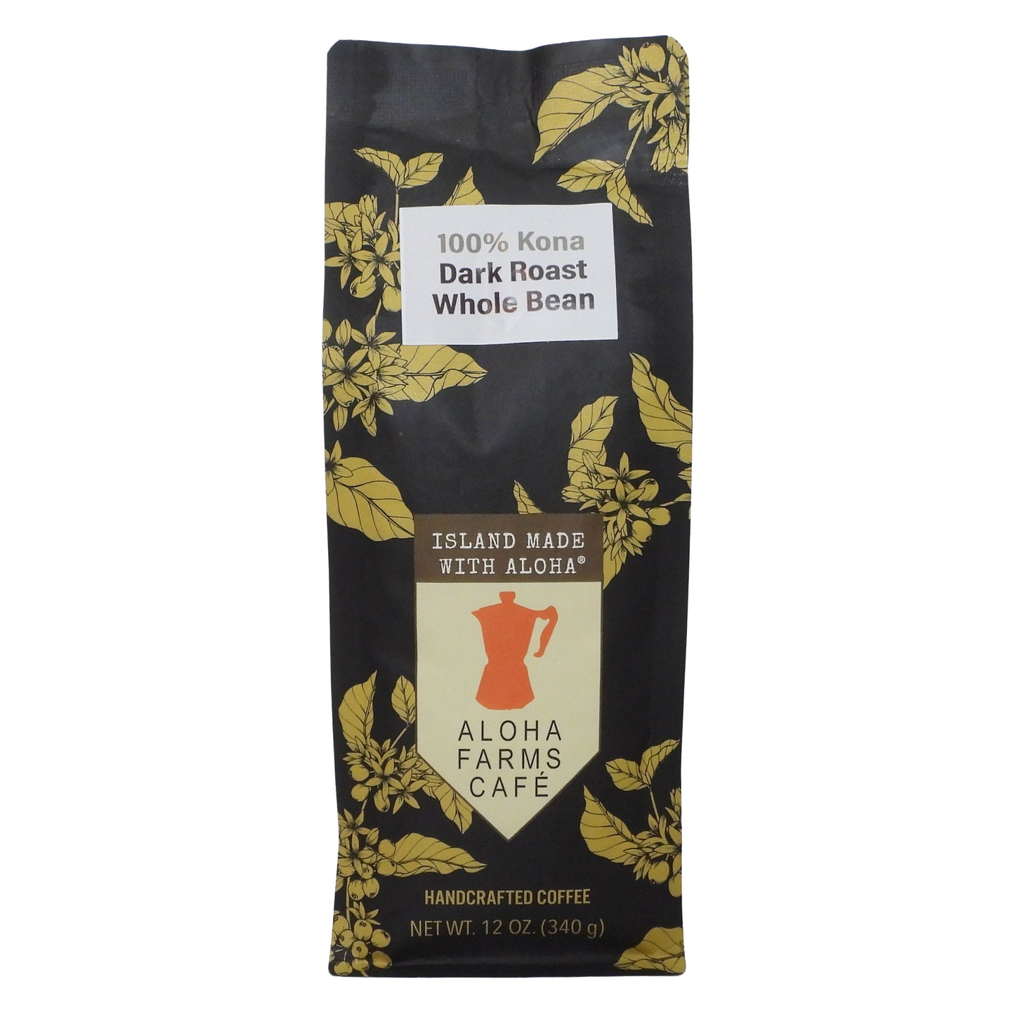 A 12 oz bag of Aloha Farms Cafe 100% Kona Dark Roast Whole Bean coffee, featuring a black bag with gold botanical patterns and a cream-colored central label.