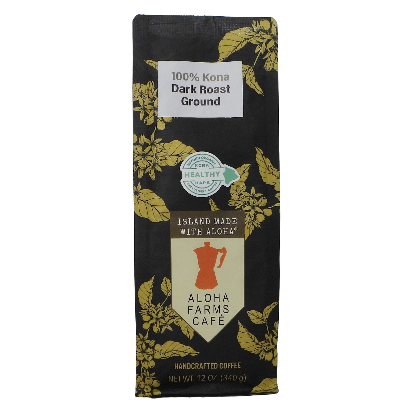 A 12 oz bag of Aloha Farms Cafe 100% Kona Dark Roast Ground coffee, featuring a black bag decorated with gold coffee leaf patterns and a cream-colored central label.