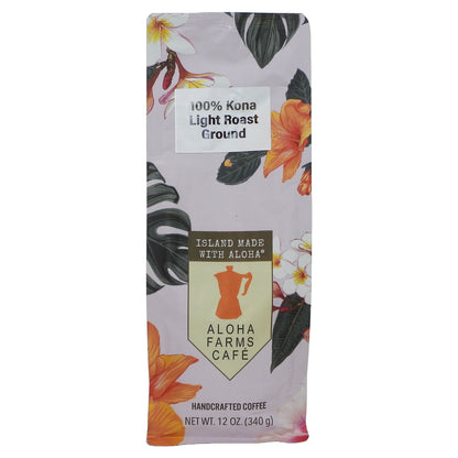 A 12 oz bag of Aloha Farms Cafe 100% Kona Light Roast Ground coffee, featuring a tropical floral and leaf pattern on a light lavender background with a central gold and orange label.