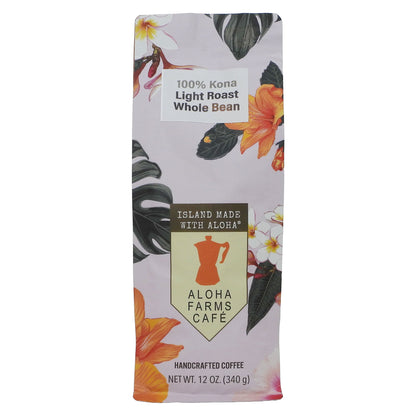 A 12 oz bag of Aloha Farms Cafe Light Roast Whole Bean coffee, featuring a tropical floral and leaf pattern on a light lavender background.