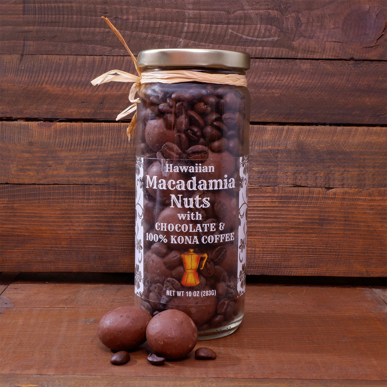 10 OZ. MILK CHOCOLATE MACADAMIA NUTS WITH 100% KONA COFFEE BEANS