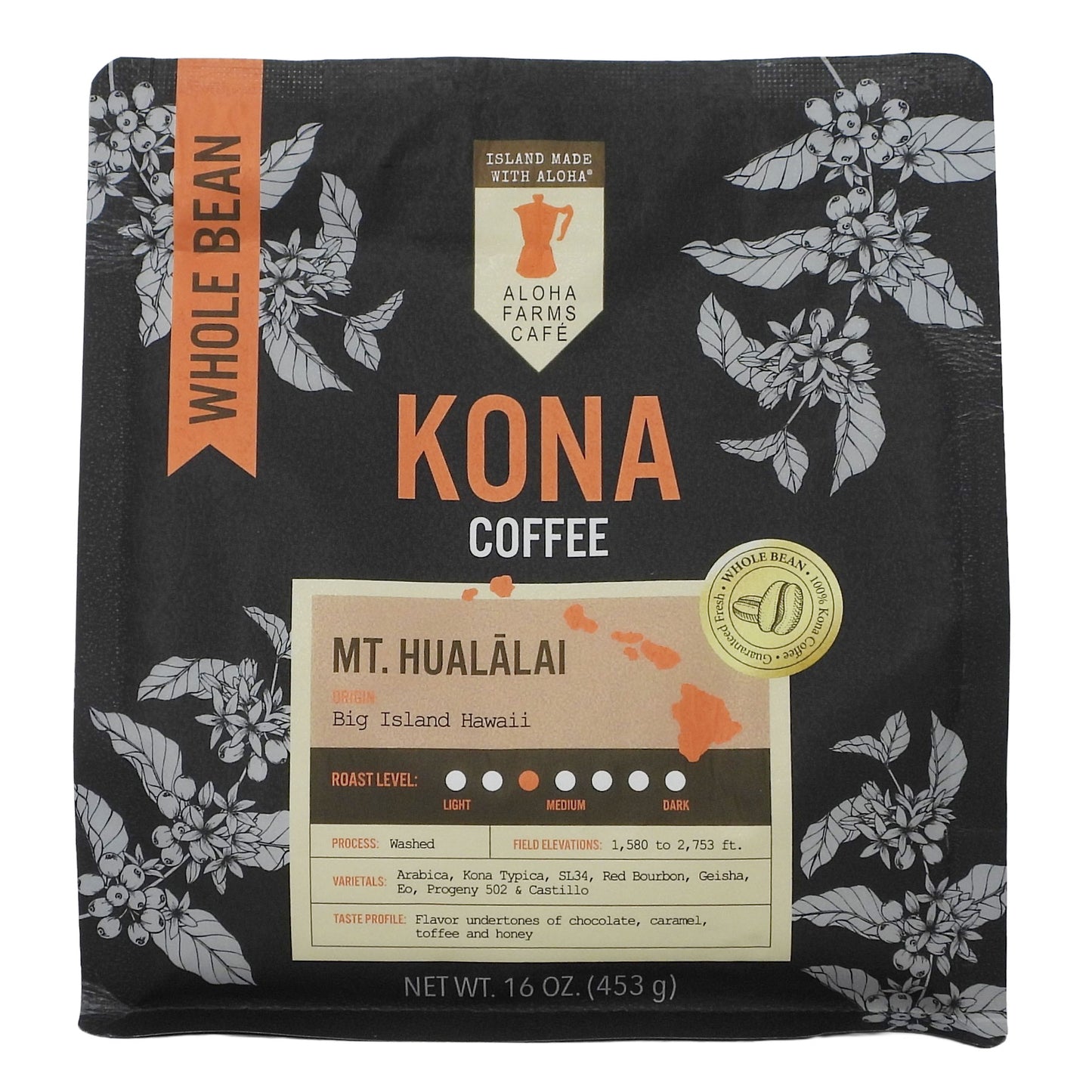 A 16 oz bag of Aloha Farms Cafe Kona Coffee Whole Bean, featuring a black background with white floral patterns, orange text, and a cream-colored label detailing the coffee's origin and roast level.