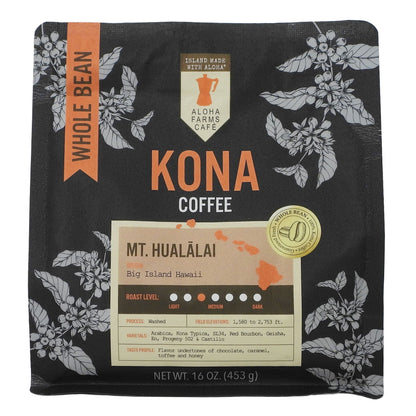 A 16 oz bag of Aloha Farms Cafe Kona Coffee Whole Bean, featuring a black background with white floral patterns, orange text, and a cream-colored label detailing the coffee's origin and roast level.